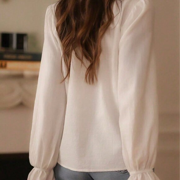 White Casual Womens Delicate Ruffle Hem Semi-Sheer Printed Blouse - Picture 2 of 5